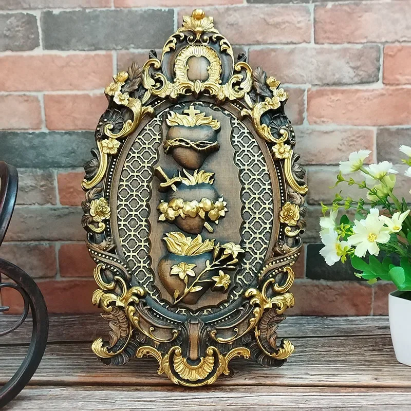 

Foreign trade cross-border wood carving wall hanging handicrafts holy relics three sacred heart ornaments home church hanging or