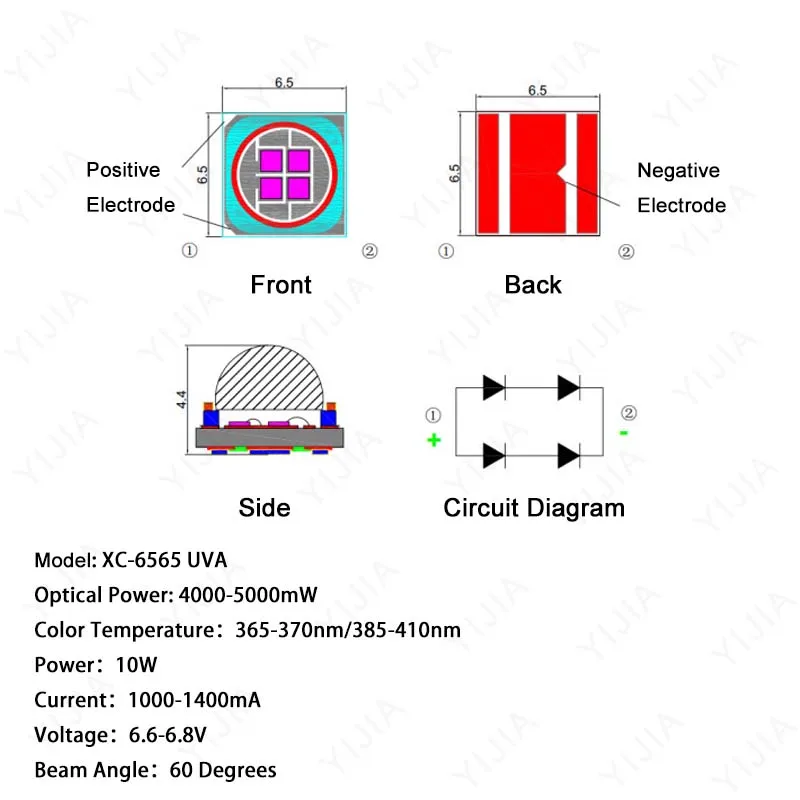 10W Deep UV LED Chips UVA 410nm 385nm 370nm 365nm Diodes SMD 6565 4000-5000mW Ultraviolet Lamps For Mosquito Trap Solidification