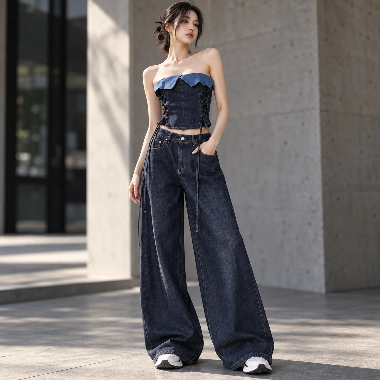 High Waist Wide Leg Set with Cross Tie Panelled Design Washed Finish No Stretch Streetwear Full Length Casual Women Sets
