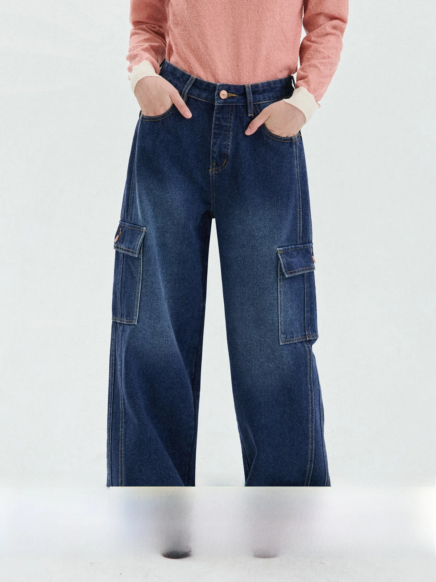 Original AMUU Deep Blue Wide Leg Workwear Washed Denim Pants High Waist Women's Autumn New Style Comfortable Loose Fit Trousers