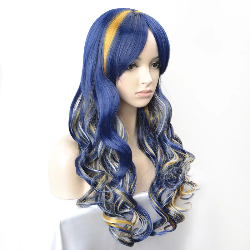 Wig rambut keriting biru campuran pirang panjang 70cm dengan poni untuk Wig pesta kostum Cosplay Halloween Natal wanita