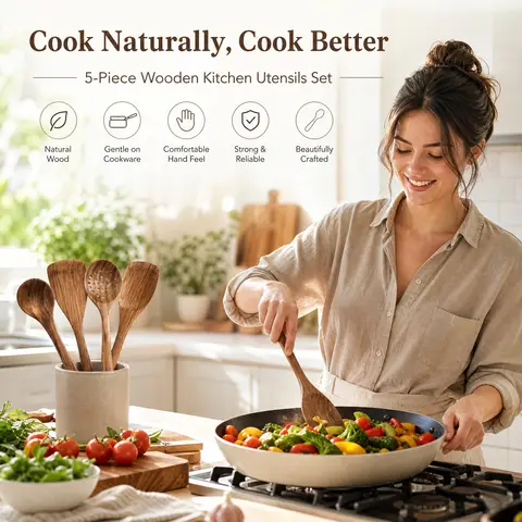 5-Piece Wooden Kitchen Utensils Set, Natural Wood Cooking Spoons and Spatulas, Heat Resistant Non-Stick Cookware Safe for Home Restaurant Kitchen