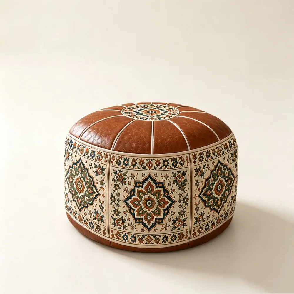Trendy PU Leather Sofa Stool Cover Boho Style Round Footstool Cover Water Resistant Fillable Leather Pouf Tatami