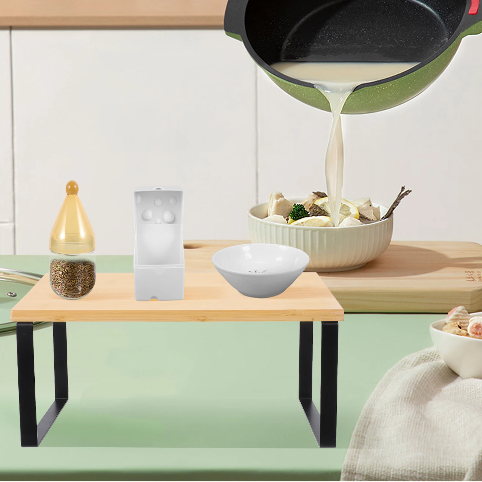 

1pcs Wooden Base Metal Frame Storage Rack For Kitchen Countertop Spice Jar Organizer Double-Layer Desktop Shelf Cabinet Storage