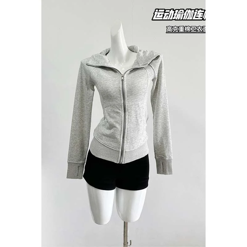 Schmaler Mantel für Damen, 2025, Frühling und Herbst, graues Kapuzen-Sweatshirt, Frühherbst, neues Yoga-Wear-Sport-Top