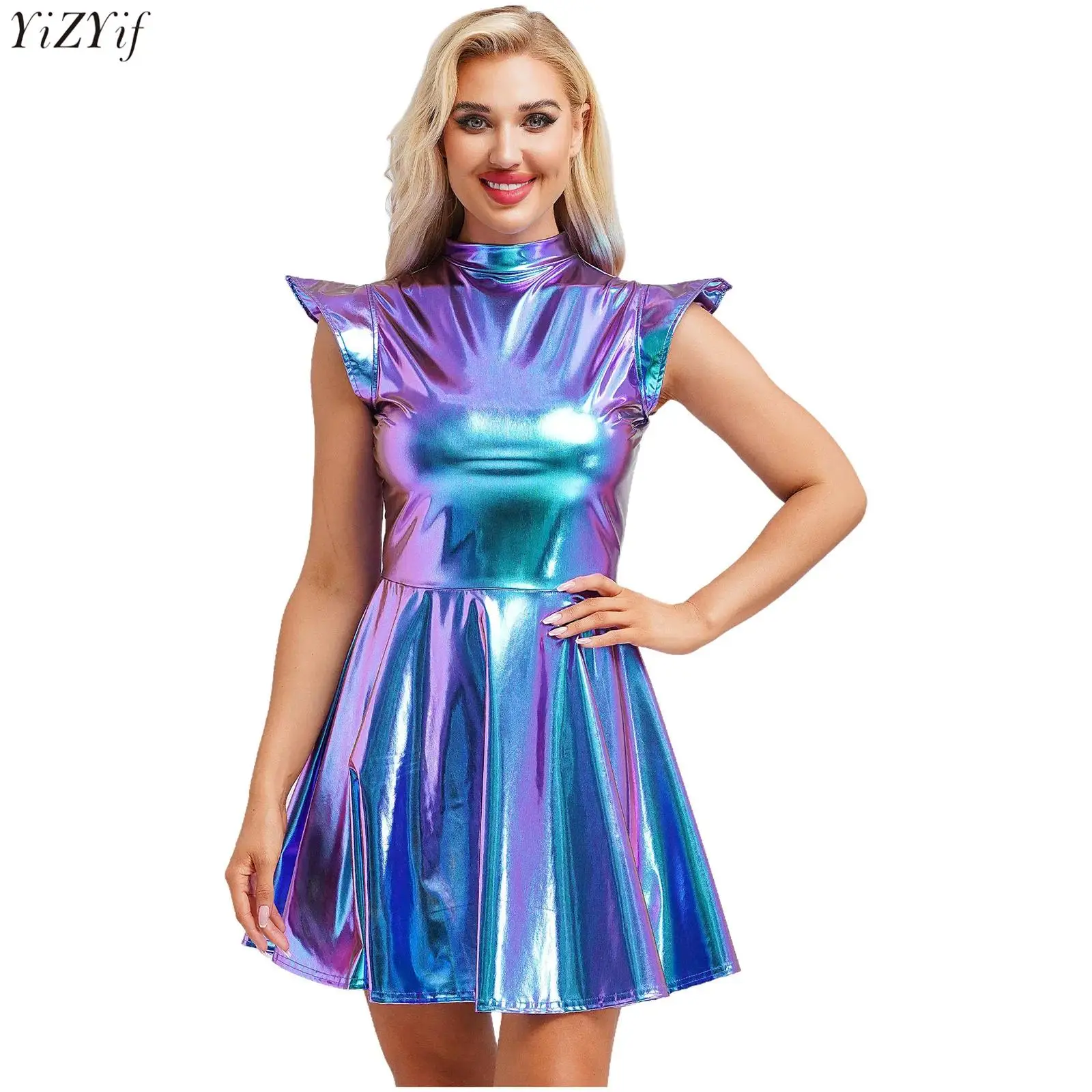 

Womens Holography Metallic Dress Halloween Cosplay Party Dress Fashion Clubwear Mock Neck Cap Sleeve High Waist A-line Dress