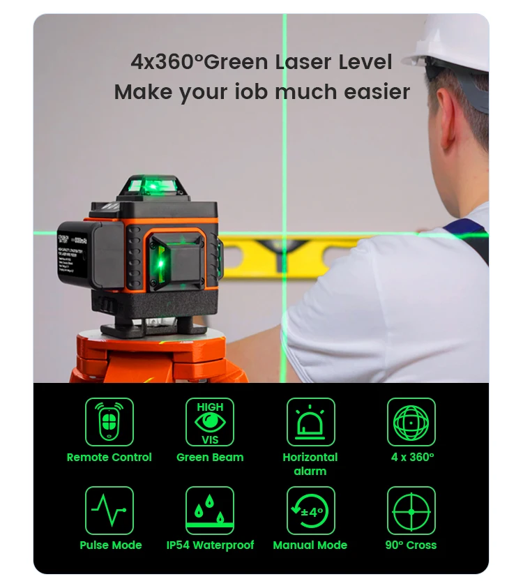 Nivel láser 4D, herramienta de nivelación de 16 niveles, luz verde, rotación y autonivelación de 360 grados, Horizontal y Vertical, 16 líneas