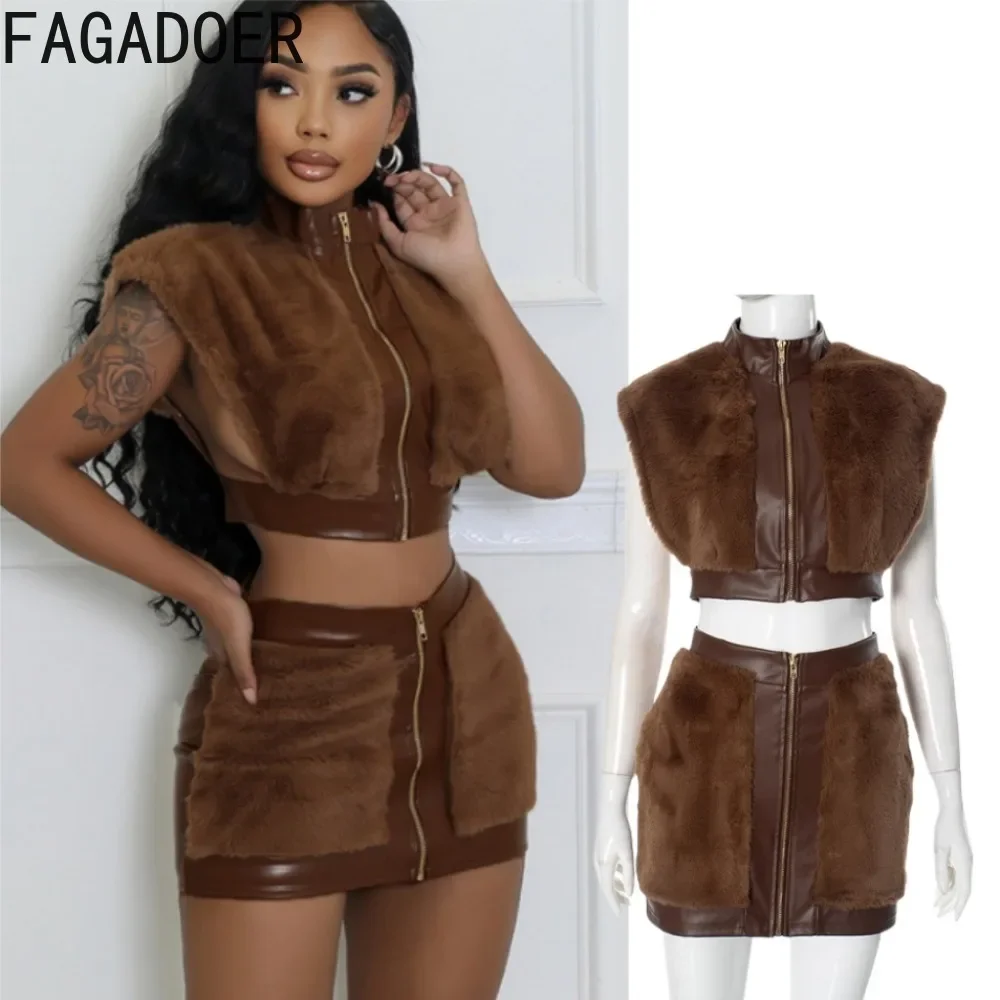 

FAGADOER Fashion Fur Leather Patchowrk 2 Piece Sets Women Outfit Zip Crop Jacket + Mini Skirts Suit Hot Girl Streetwear Clothing