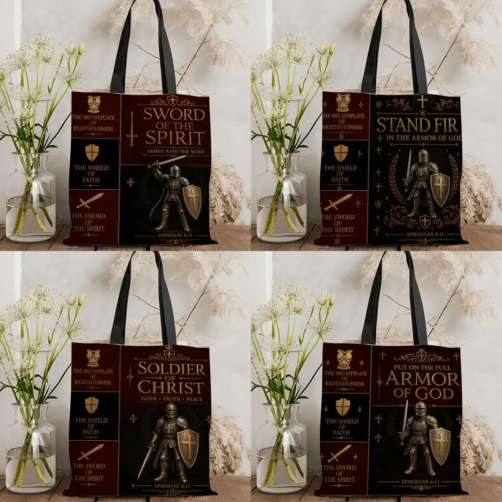 Sac fourre-tout en toile vintage gothique avec motif croix et chevalier, grande capacité, réutilisable, écologique, pour femme, sac à bandoulière et sac à main