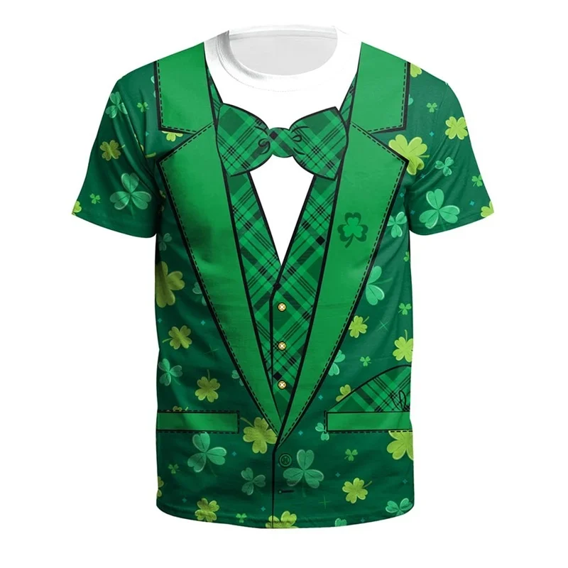 Clover Cat Skull Pattern T-Shirt For Men St. Patrick's Day 3D Printed Tees Casual Unisex Short Sleeve O-Neck Top Street T Shirts