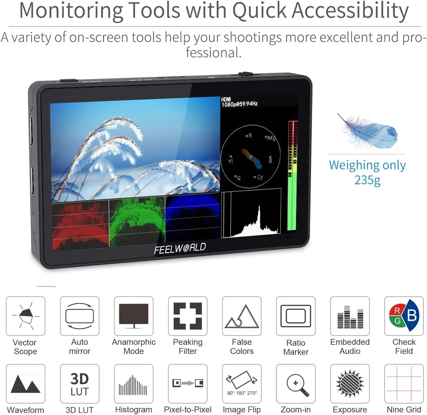 NEU FEELWORLD F6 Plus V2 6-Zoll DSLR IPS Video Peaking Focus Kamera Feld-Touchscreen-Monitor