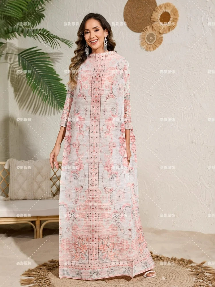 

Muslim Robe Skirt Loose Women's Clothing Miyake Pleated Print Long-sleeved Dresses 2025 Summer New