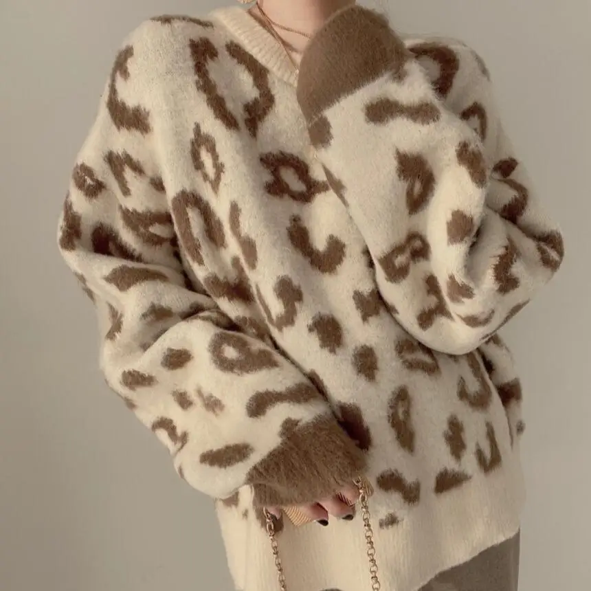 Korean Fashion Leopard Sweater Vintage Chic Kintted Pullover Winter Warm Thick Sweatshirt Women Casual Jumpers Streetwear