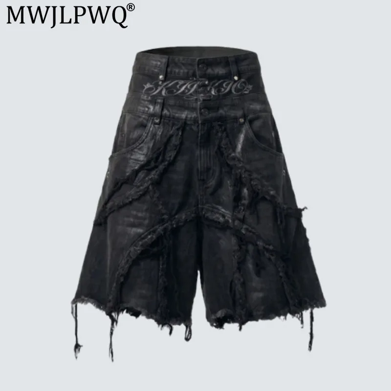 MWJLPWQ Distressed Wide-Border Shorts Dark Street Style Double Waistband Jeans Men's Heavy-Duty Ripped Loose Pants Tide 21496