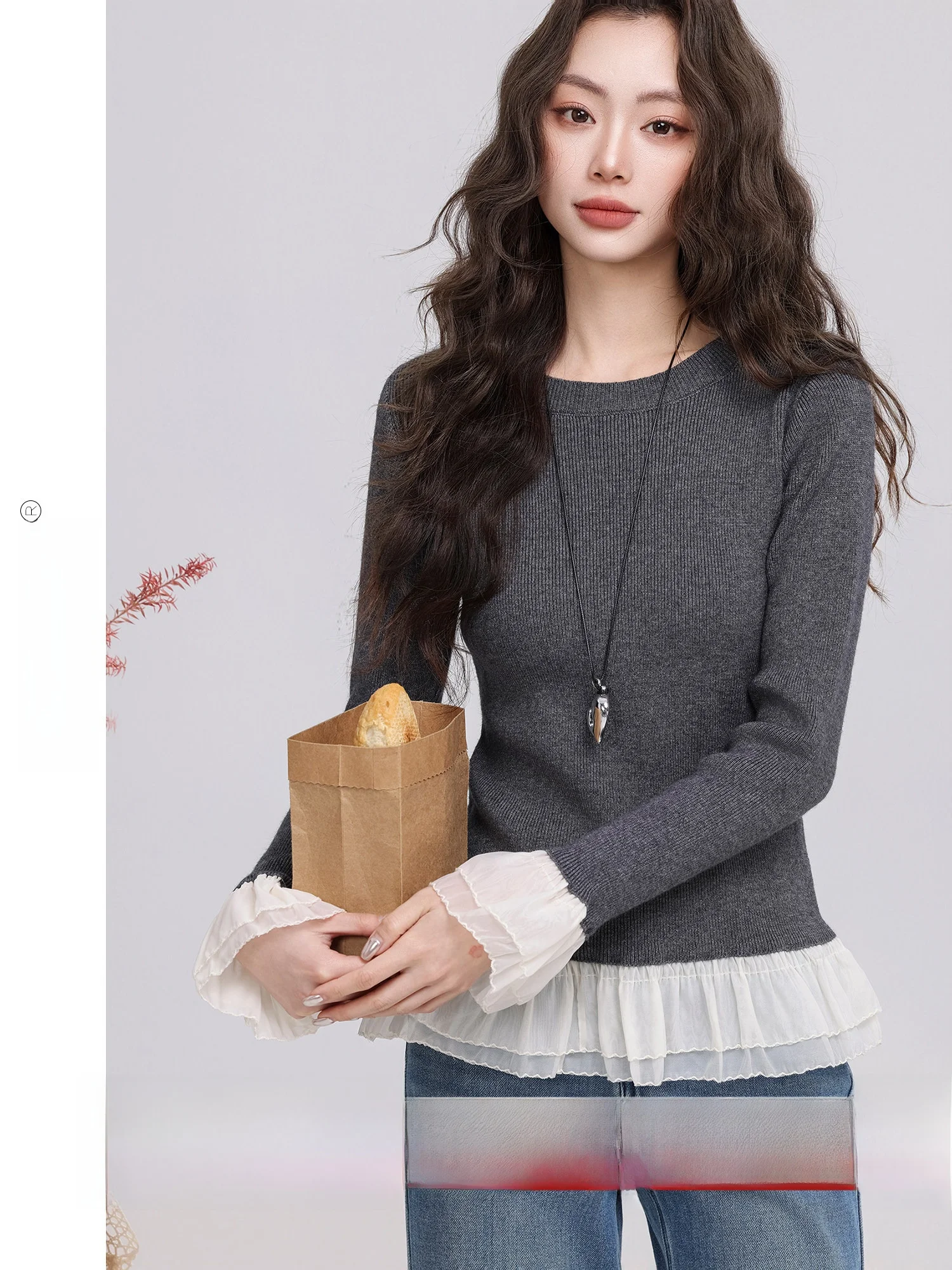 

Korean Style Long Sleeve Knitted Top Women's Splicing Design Casual round Neck Soft Polyester Fiber Spring New Arrival