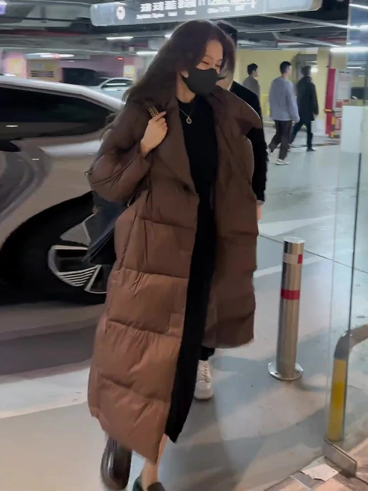 

2026 Winter Faion Long Women's down Jaet Bread Sle Coat k Brown White Du Feather Thiened Mid-Length Commute Sle