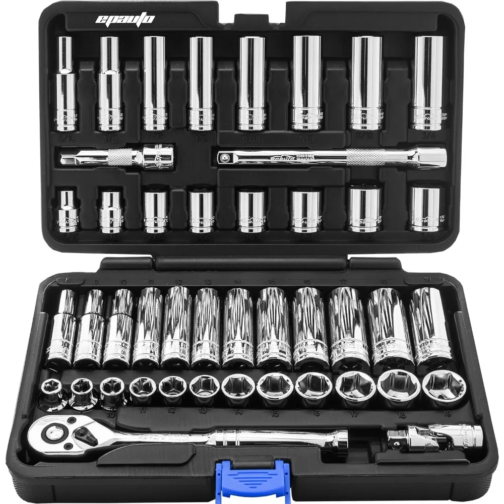 طقم مقابس محرك مكون من 45 قطعة مقاس 3/8 بوصة مع سقاطة 22 سنًا ومقاسات متري وإنجليزي