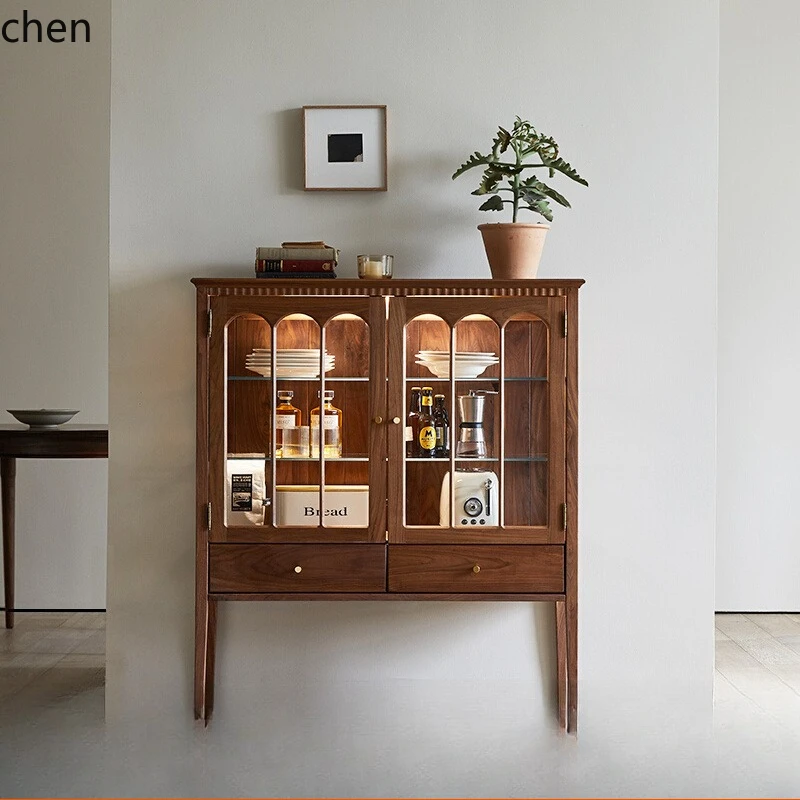 

HTT all-solid wood glass wine cabinet retro display cabinet guest restaurant with lamp figure side ceramic storage