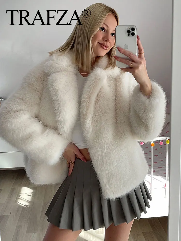 TRAFZA Women Winter Elegant Solid 3-Color White Faux Fur Long Sleeve Cardigan Coat Women's High Street Pockets Coat Mujer