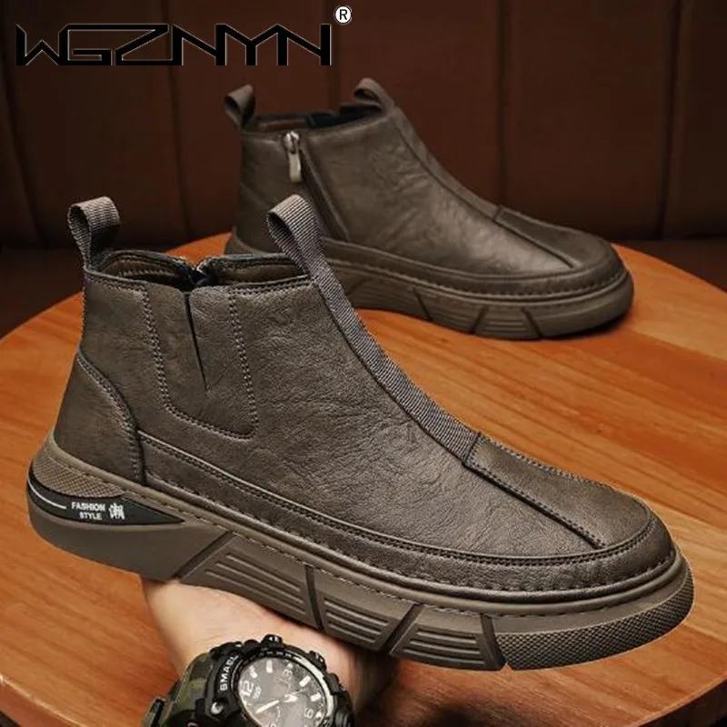 2024 Men\'s Boots Leather Casual Shoes Comfortable Breathable Solid Color Autumn Winter Men Loafers Plus Size Ankle Boots on Sale