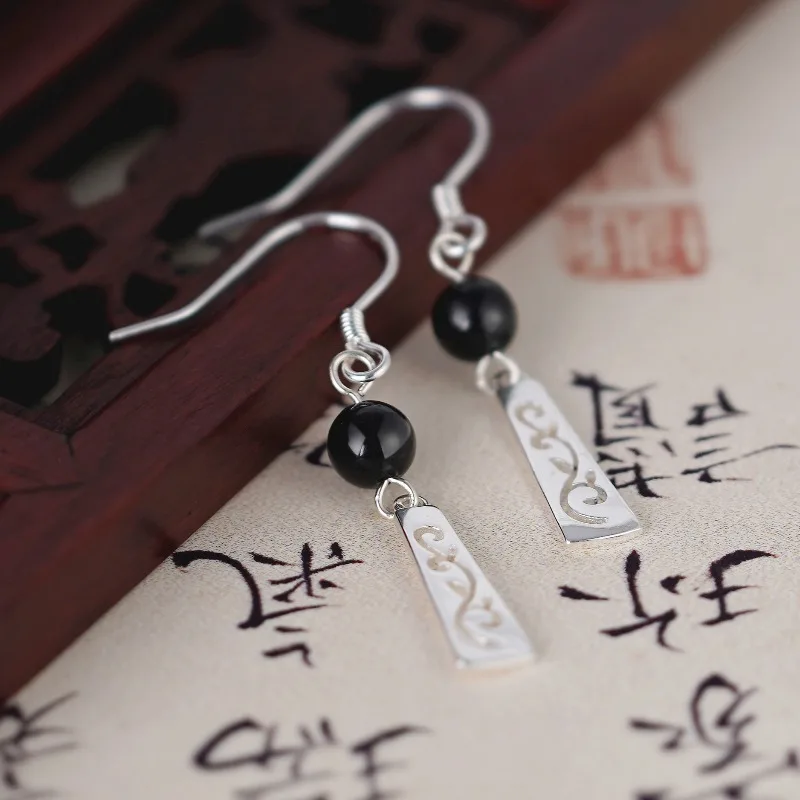 Elegant 925 Sterling Silver New Chinese Style Black Onyx Hook Earrings for Women Vintage Minimalist Openwork Vine Jewelry Gift