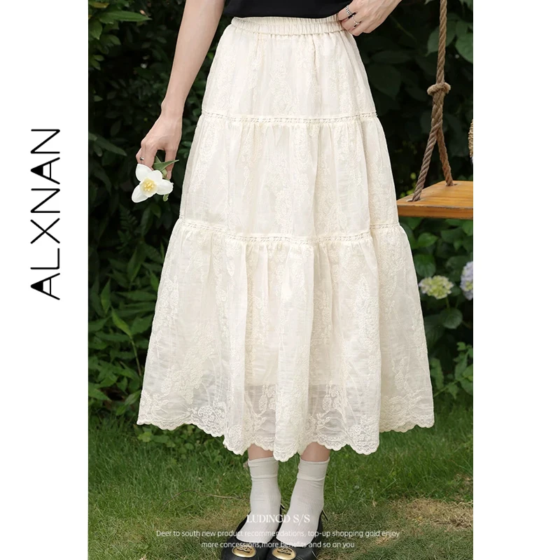 ALXNAN Women's Midi Skirt Elegant Long A-line Skirt 2026 Summer Hollow Lace Design Loose-fit Fashion Ladies Clothing L55119BSQ