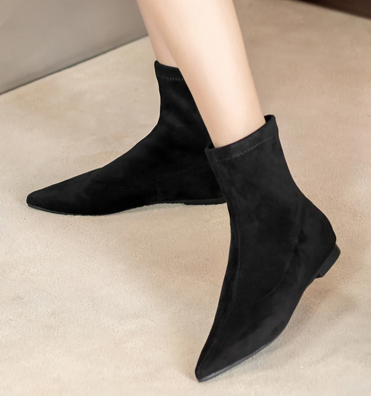 2023 Women\'s Flock Classic Black Ankle Boots Shoes Pointed Toe Low Heels Big Size 41 Short Boots Women Comfortable Dress Shoes