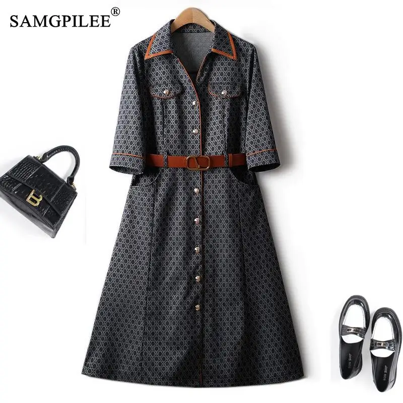 

European Station Printed Denim Blue Dress Women 2023 Spring Summer Half Sleeve Turn Down Collar PU Belt Stylish Female Dresses