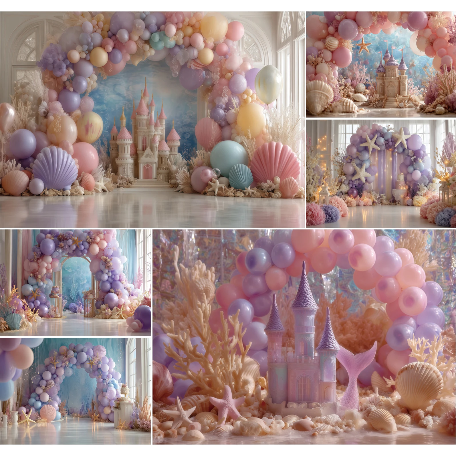 

Арка из воздушных шаров, детский фон, морские звезды, кораллы, подводный замок, мир подводного мира, декор для дня рождения малыша, новорожденного, ребенка, фон для фотосессии