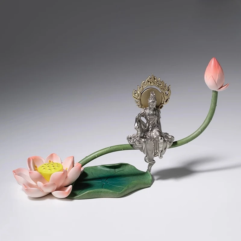 Lotus Kwan Yin Statue Copper Desktop Decor Zen Buddhism Home Ornament