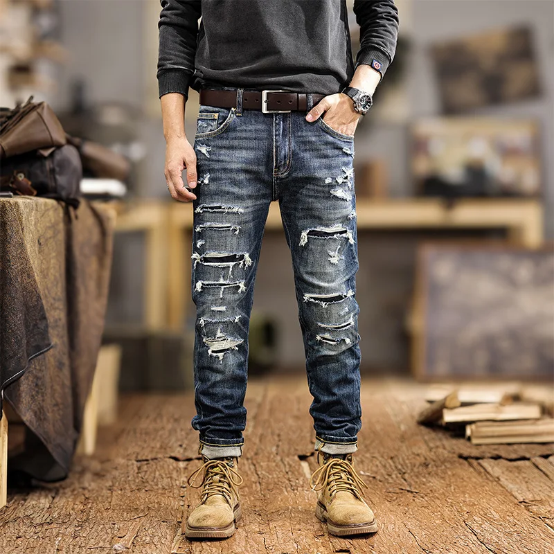 

Autumn and winter new high-quality small leg jeans simple youth elastic ripped jeans skinny jeans men streetwear men clothing