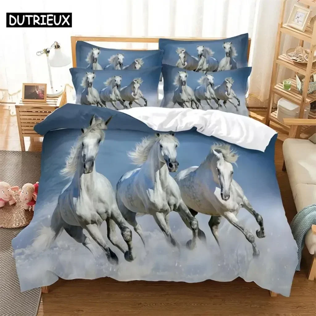 Luxury New 3D Print Three white horses Bedding Digital Printing Cartoon Plain Weave Craft For North America Bedding Set Queen