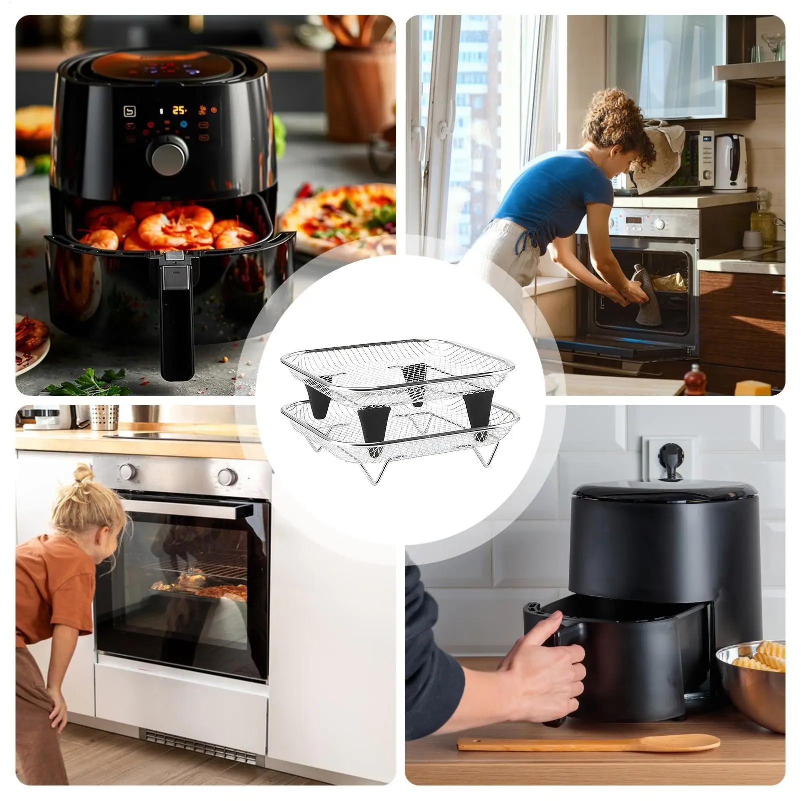 Air Fryer Pan With Silicone Feet Stackable Tray 2-Piece Air Fryer Rack For Oven For Broiling Cooking Dehydrating Meal Prep Home