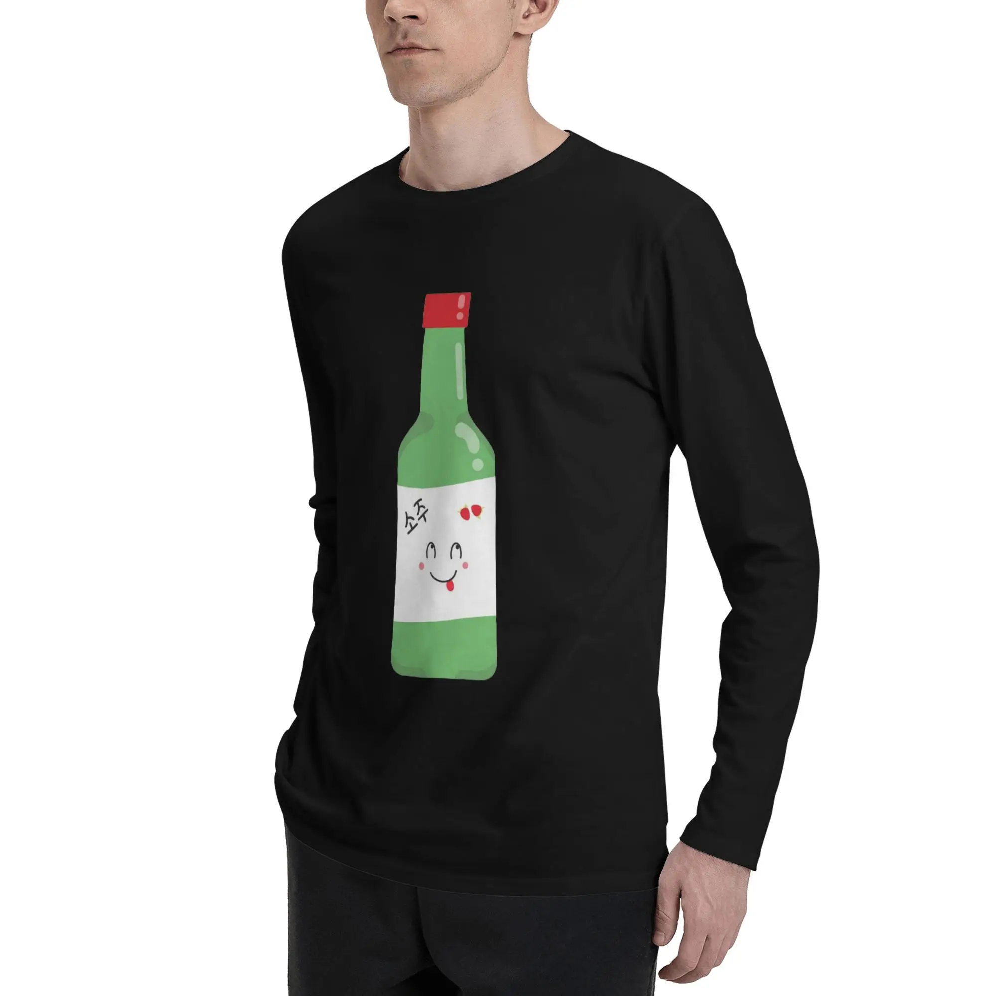 Męska koszulka z długim rękawem Soju, modna koszulka z okrągłym dekoltem, męskie topy na wiosnę i jesień.