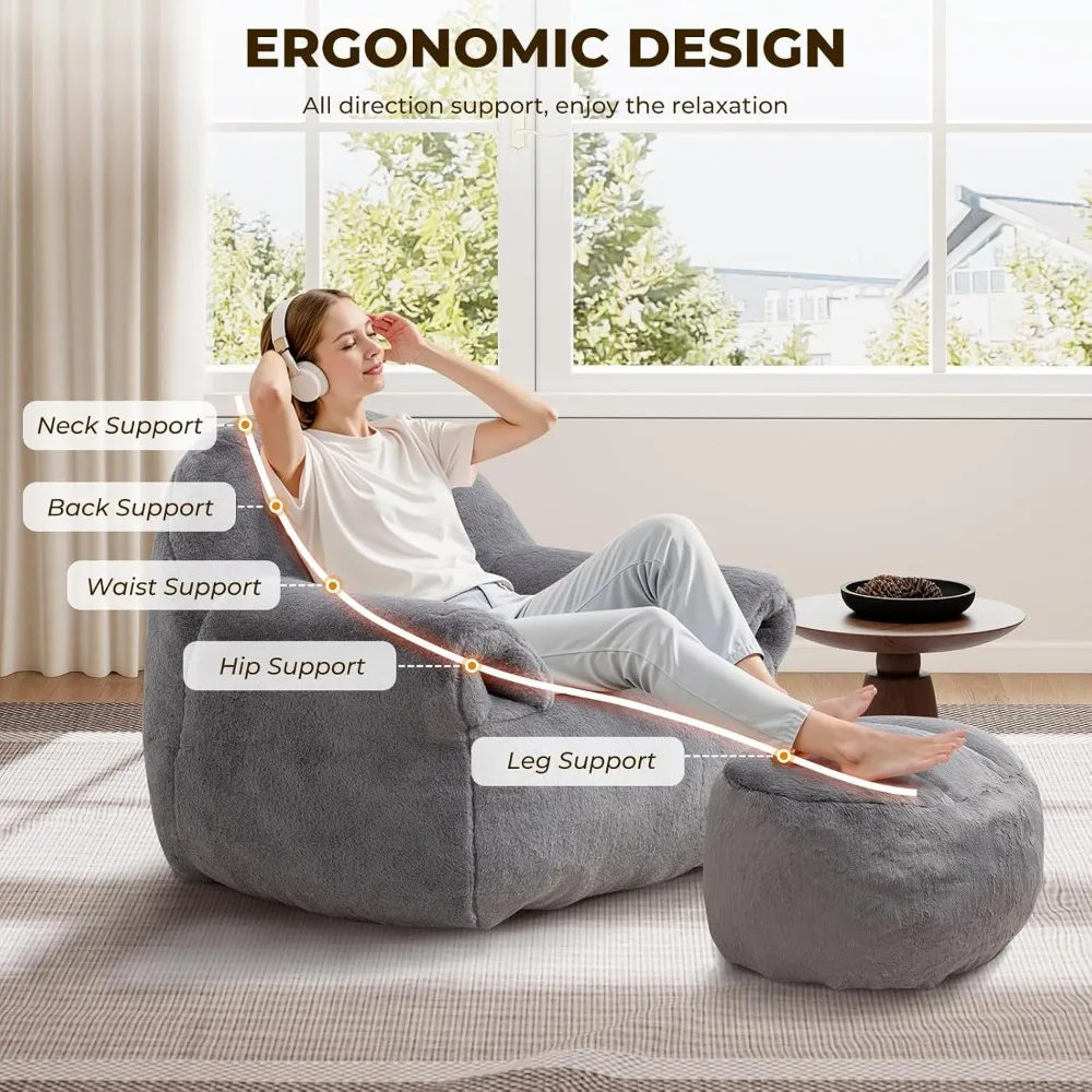 كرسي مريح للكبار من الفرو الصناعي مع دعم للظهر ومسند للقدمين، أريكة أرضية قطيفة لاسترخاء غرفة المعيشة #3