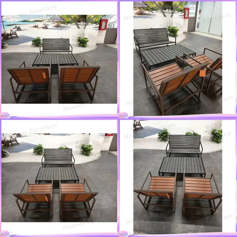 Modern Outdoor Patio Table and Chair Set Wooden Top Steel Frame Garden Furniture for Park Villa Yard Decking Dining