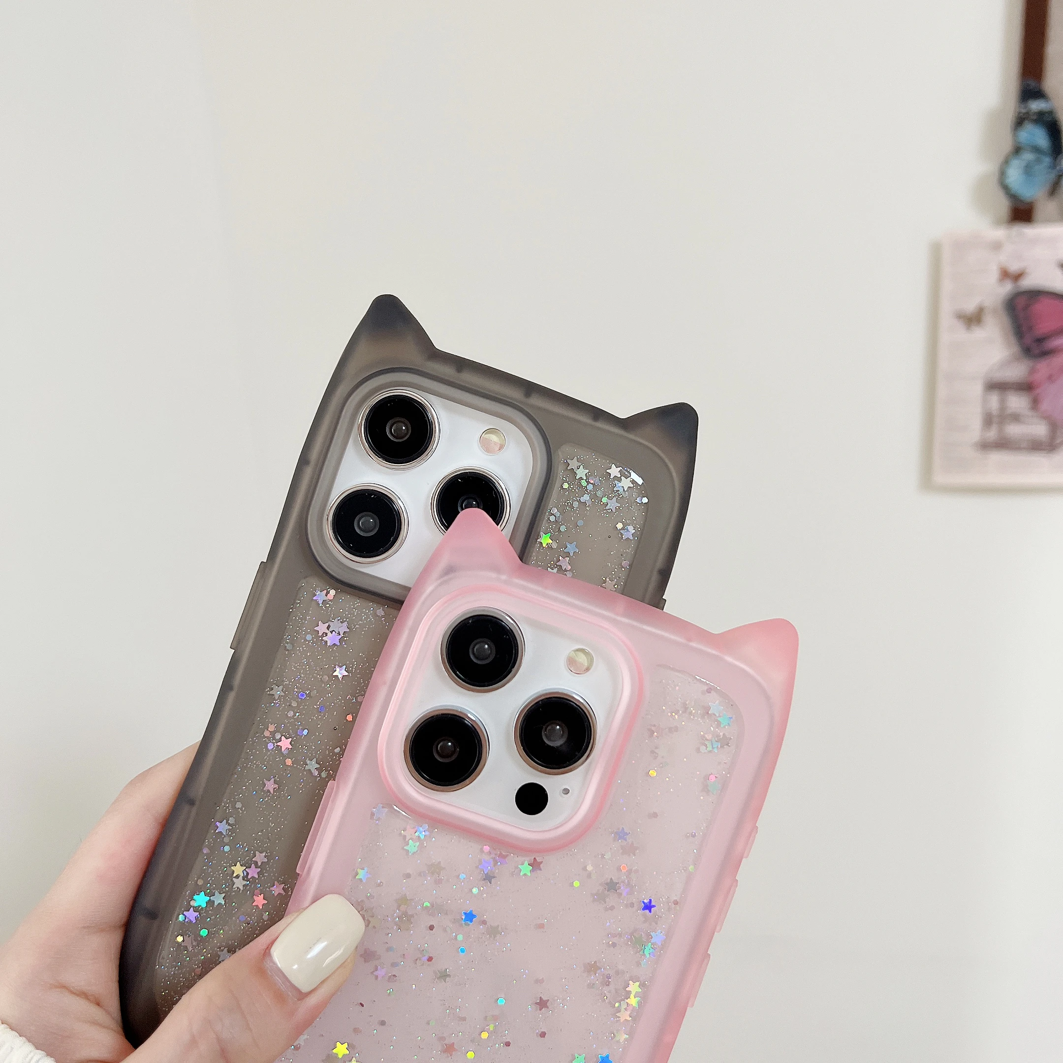 Cute Cat Ears 3D Transparent Case For iPhone 17 Air 16 15 14 Plus 13 12 11 Pro Max INS Funny Bling Glitter Star Shockproof Cover - náhled 2