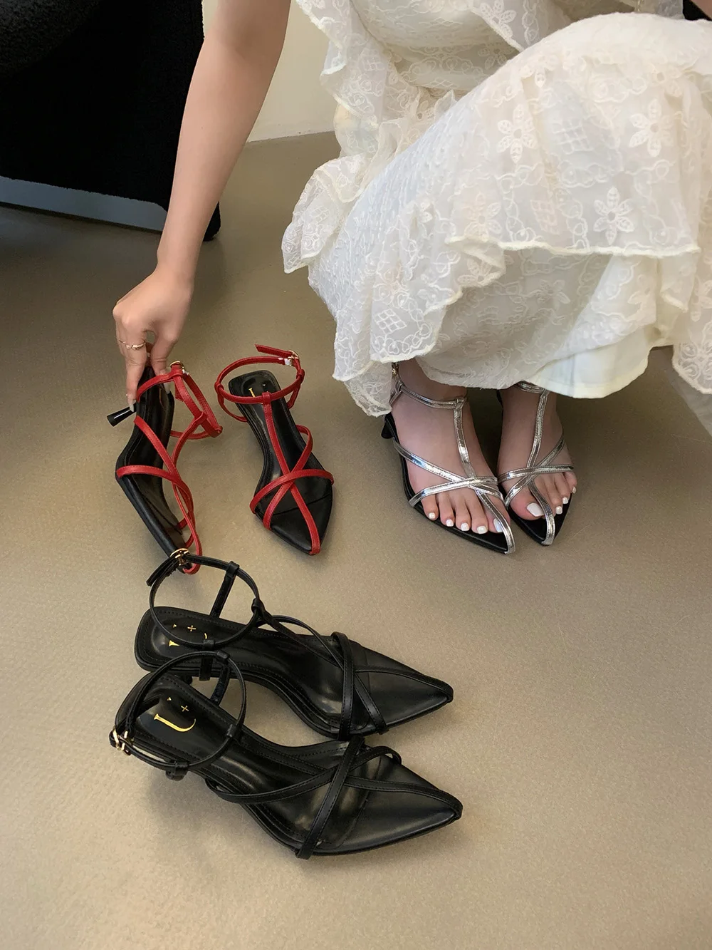 Pointed Toe Women Sandals Fashion Dress Party Pumps Thin High Heels Ankle Strap Black Red Silver Hollow Design Wedding Pumps