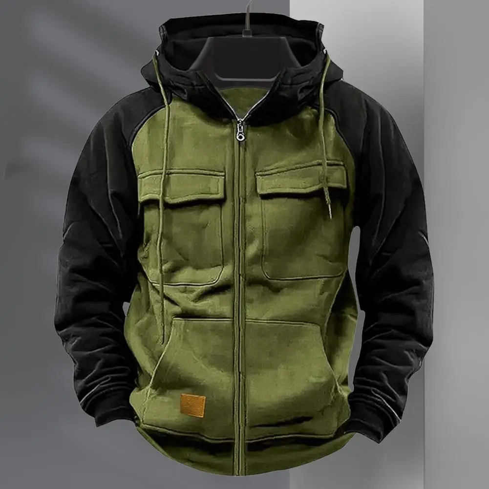 Men Hoodie Zipper Closure Elastic Cuff Retro Male Hooded Jackets Multi Pockets Cargo Warm Sweatshirts Thick Outdoor Hooded Coat