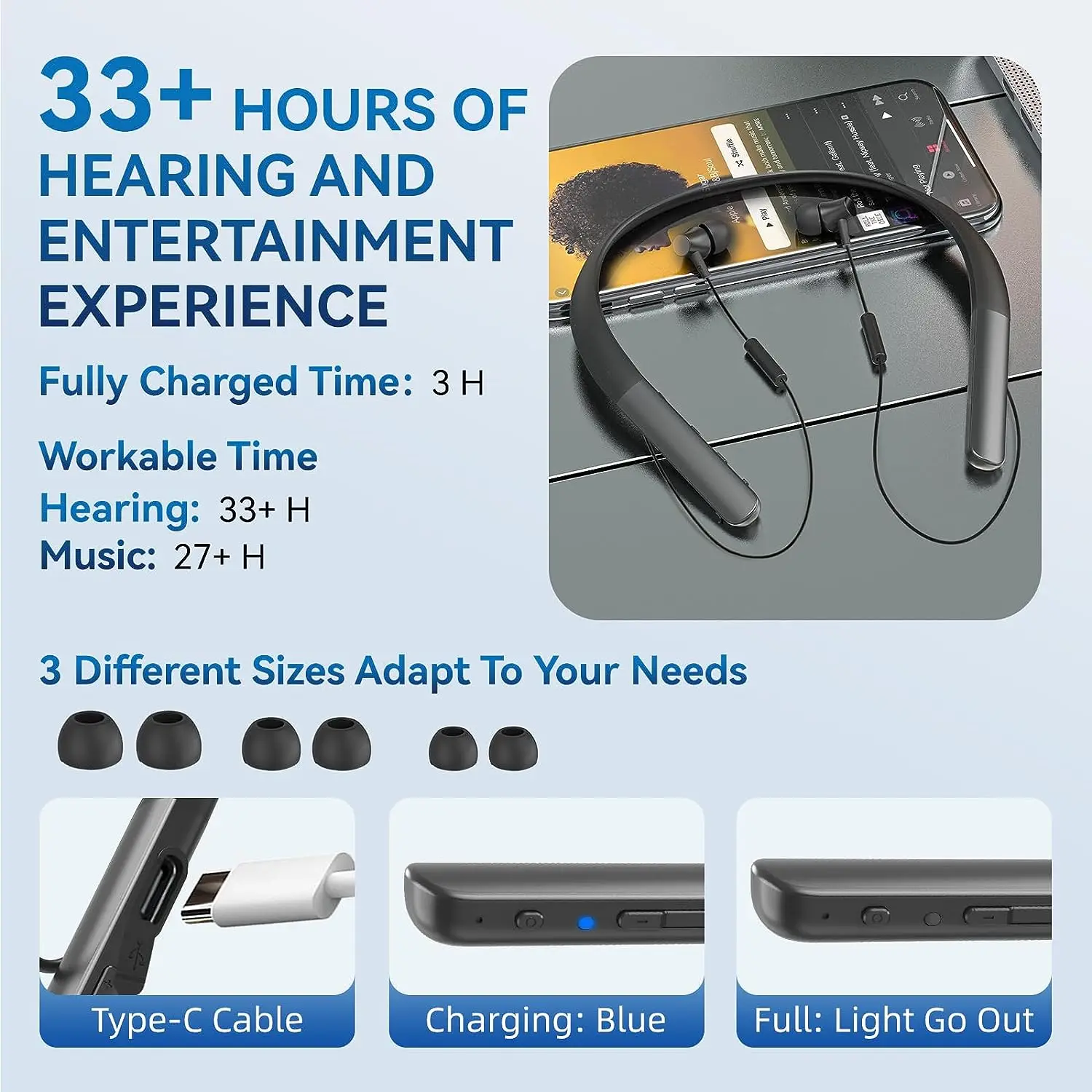 Bluetooth Rechargeable Hearing Amplifier & Aids with App control Wireless Aid Hearing Neckband Sound Amplifier for Hearing Loss