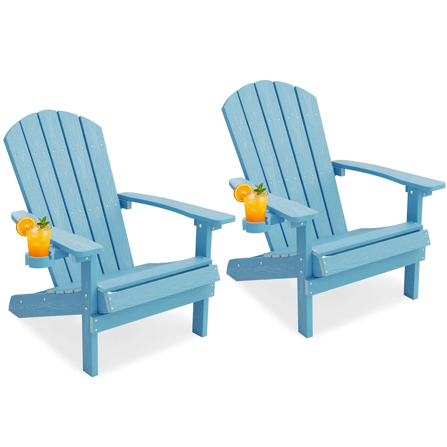 

Комплект из 2 пластиковых стульев Adirondack, устойчивых к погодным условиям, для улицы, с подстаканниками, имитирующие натуральное дерево, универсальные, с возможностью индивидуализации.