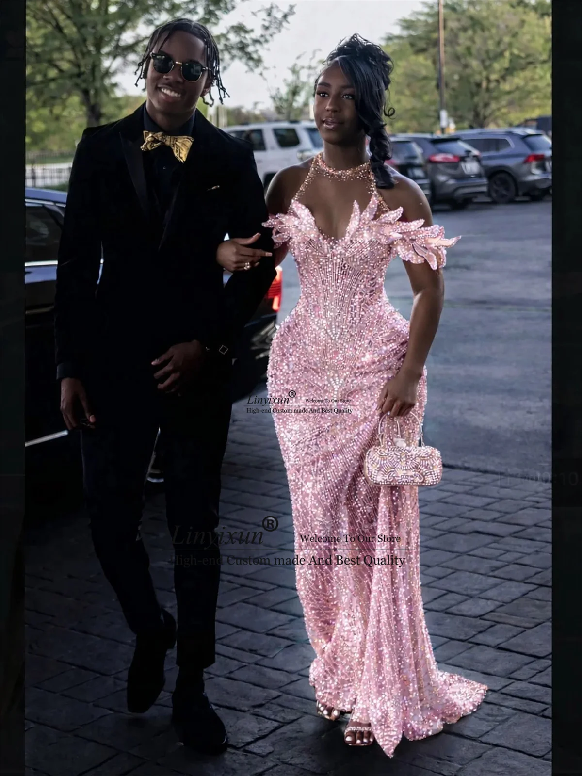 

Glitter Sequin Lace Crystals Prom Dress Aso Ebi 3D Floars Mermaid Evening Gown Customized African Wedding Party Gala Dress