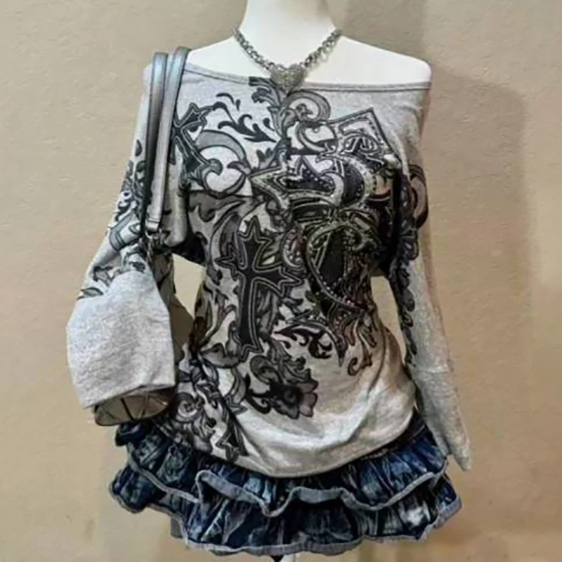 

2000s Clothes Streetwear Long Sleeved Cross Print T-shirt For Women Letter Printed Y2k Slim Spring And Autumn Casual Female