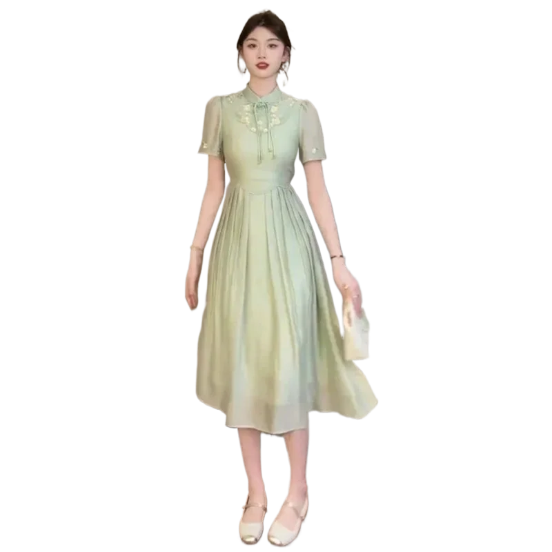 New Chinese Light National Style Green Dress Summer New Women\'s Elegant Women\'s Daily Beauty Improvement Qipao Dress