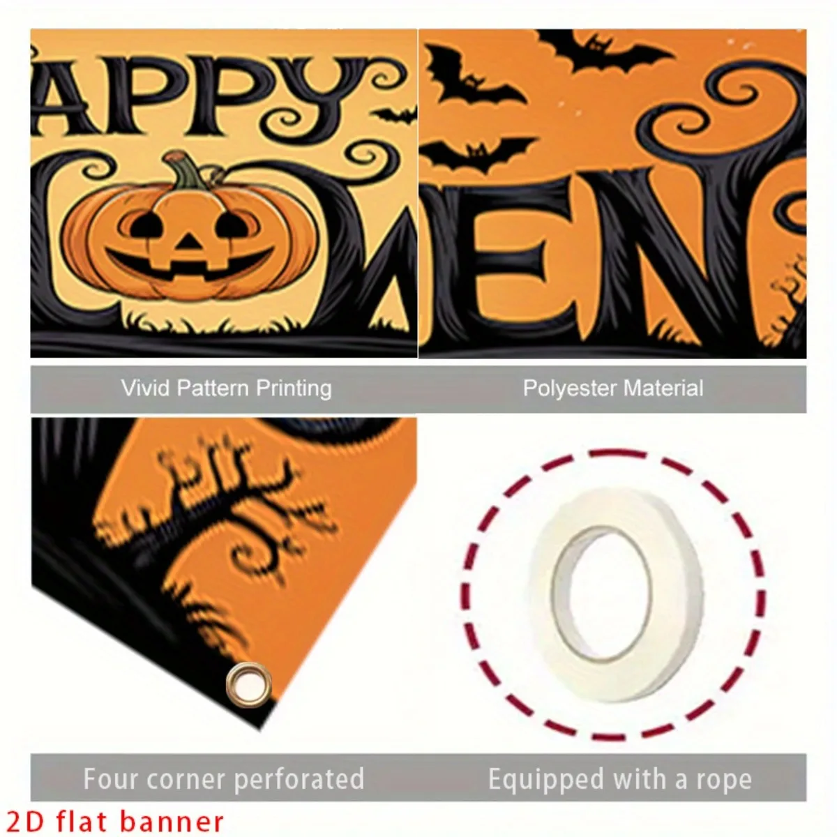 45X200Cm Large Halloween Party Banner 1Pc Flat Pumpkin Bat Hanging Flag Indoor Outdoor Garden Patio Festive Yard Sign Decor