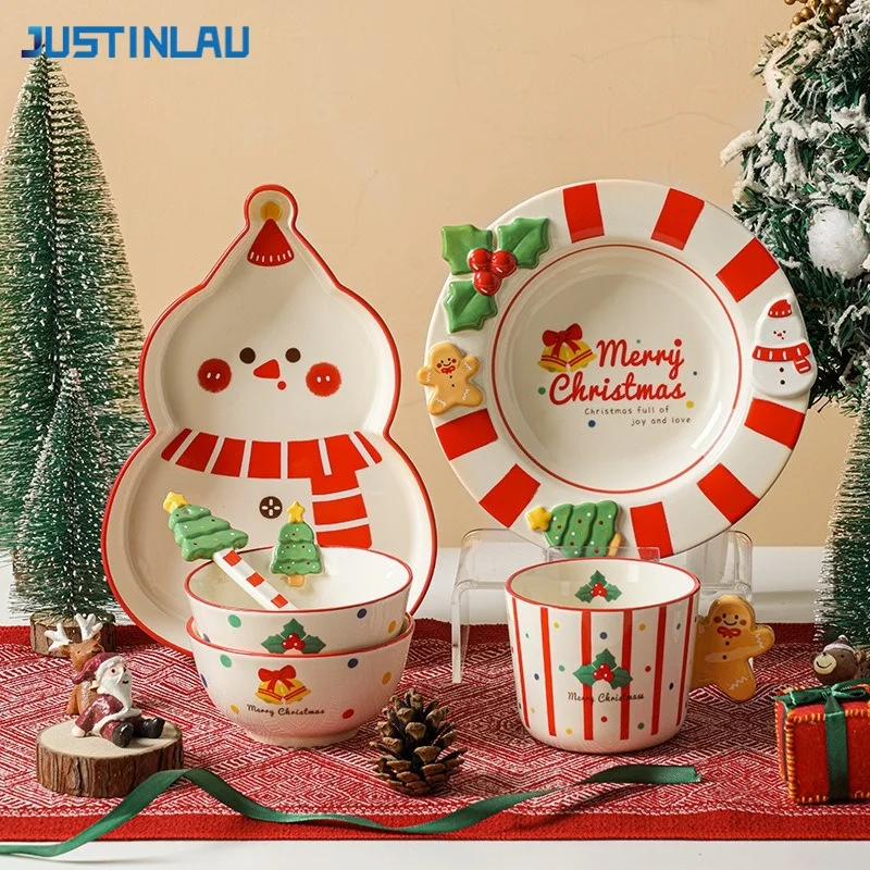 JUSTINLAU Christmas Ceramic Tableware Cartoon Gingerbread Man Dinner Plate Relief Rice Bowl Breakfast Snack Plate Festival Decor