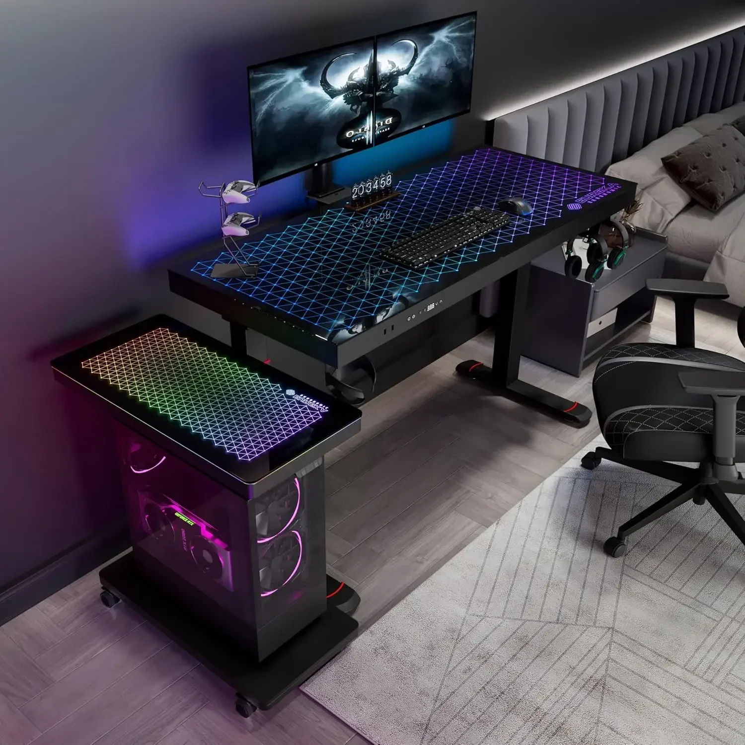 Height Adjustable Computer Tower Stand, Illuminated Glass Panel PC Stand w/RGB Lights, 2-Tier CPU Holder Cart Under Desk, PC Flo