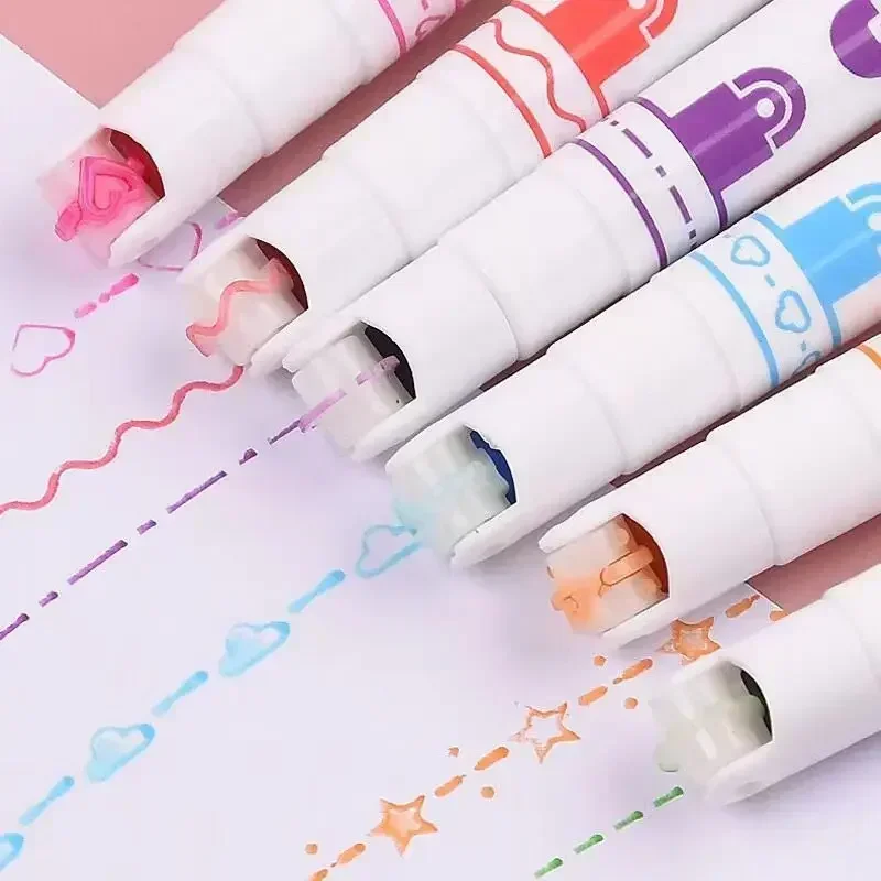 6 PCS Kawaii Flowers Line Shaped Highlighter Pens Roller Tip Curve Liner Marker for Writing Journaling Drawing Stationery