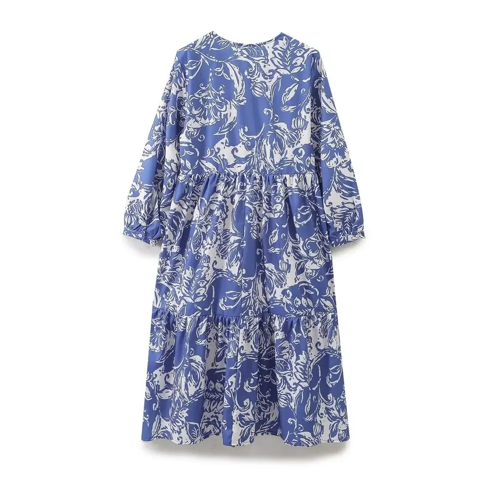 Vestido Midi plisado con estampado Floral para mujer, traje elástico Vintage con mangas abullonadas, moda elegante, novedad de 2024