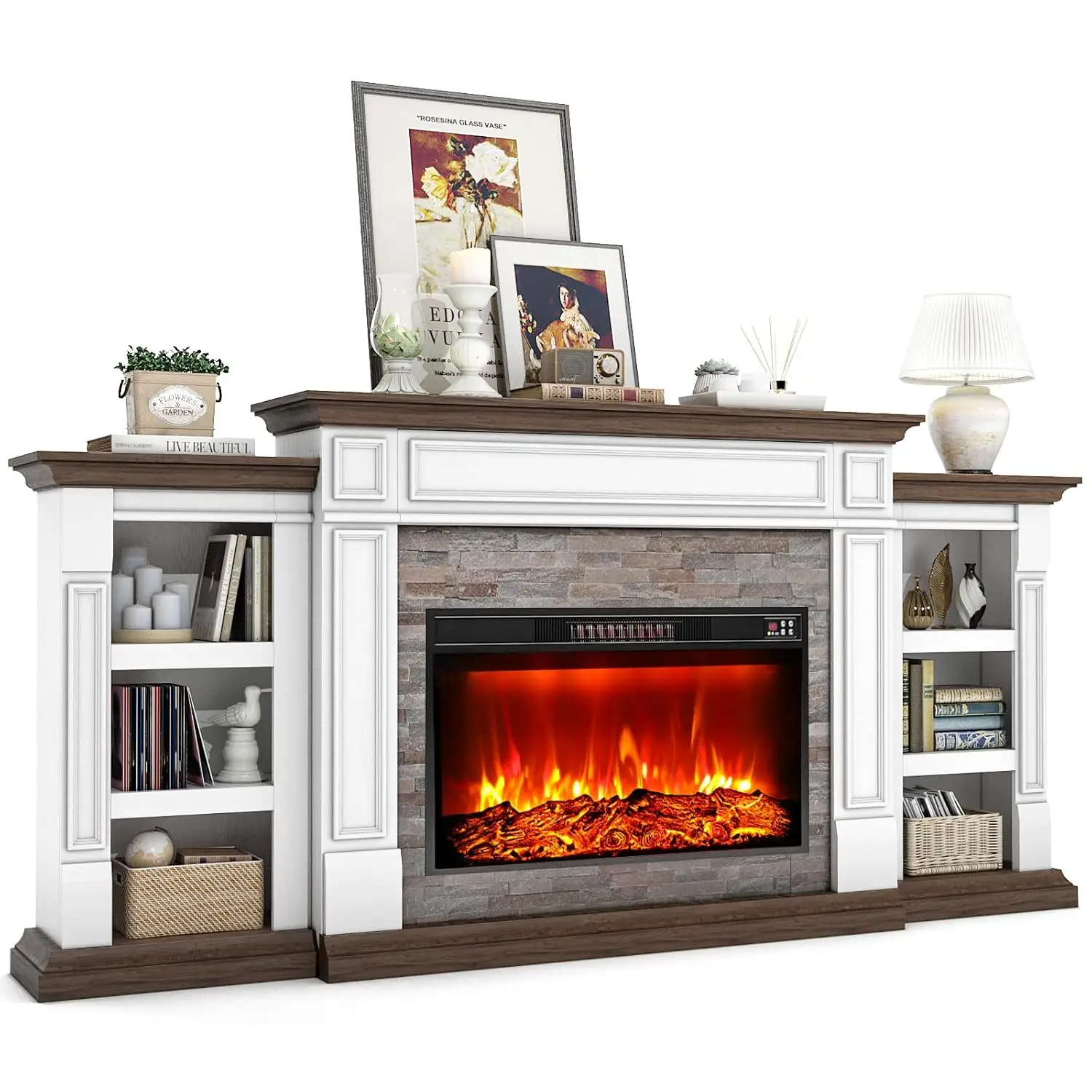 

80" Fireplace TV Stand for TVs Up to 90 Inch, Electric Fireplace with Mantel, Farmhouse Entertainment Center with, Customized
